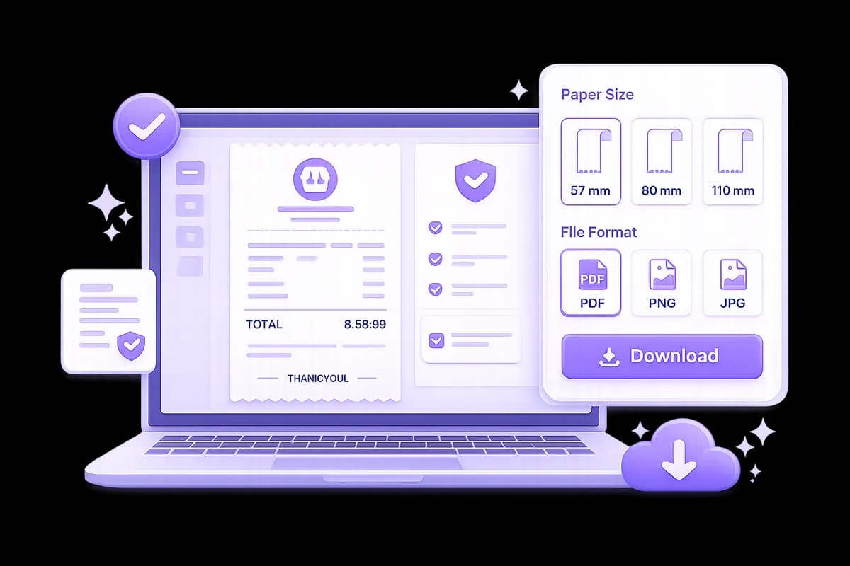 Receipt review screen showing acceptance, paper size selection, file format options, and download action